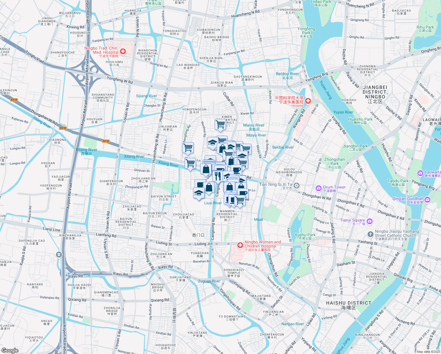 map of restaurants, bars, coffee shops, grocery stores, and more near 22号 Cangsong Road in Ningbo