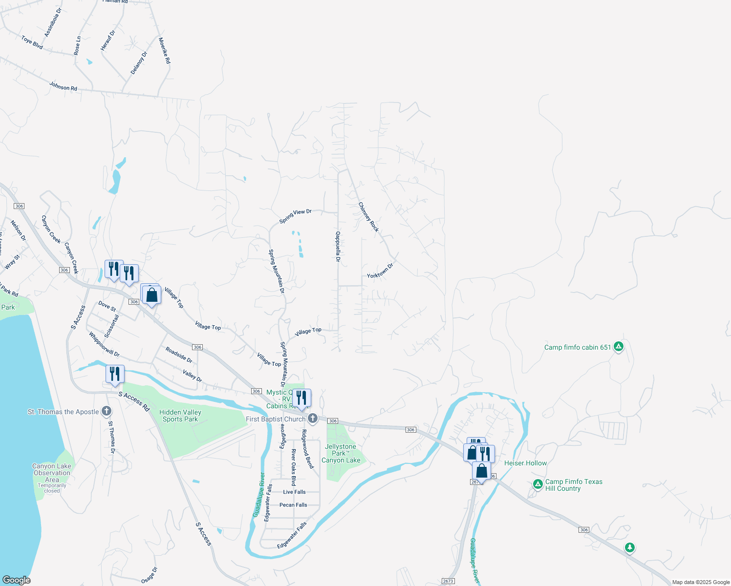map of restaurants, bars, coffee shops, grocery stores, and more near 825 Regina Drive in Canyon Lake