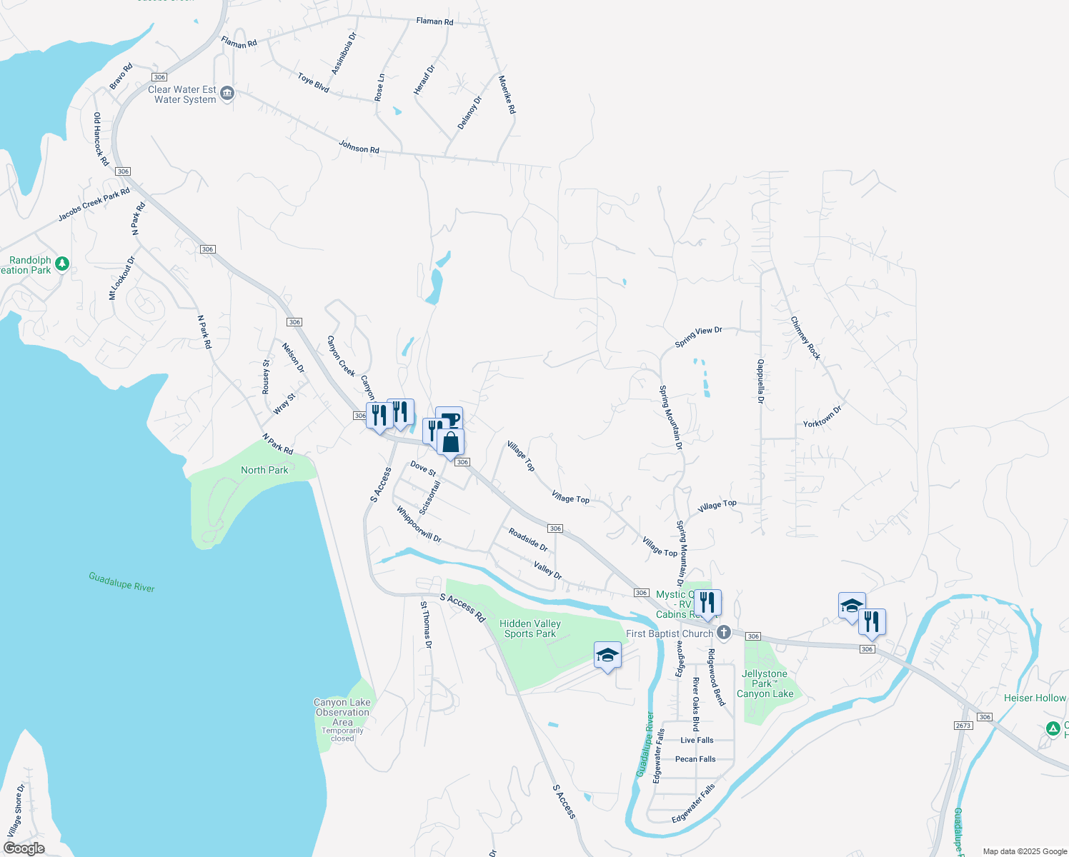 map of restaurants, bars, coffee shops, grocery stores, and more near 371 Village Top in Canyon Lake