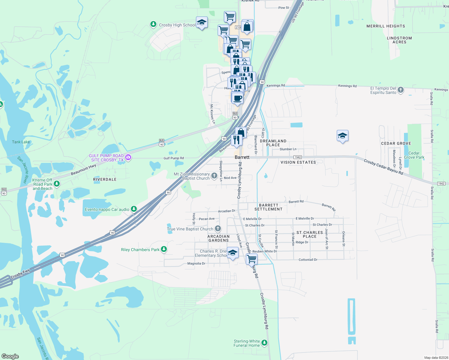 map of restaurants, bars, coffee shops, grocery stores, and more near 215 Nod Avenue in Crosby