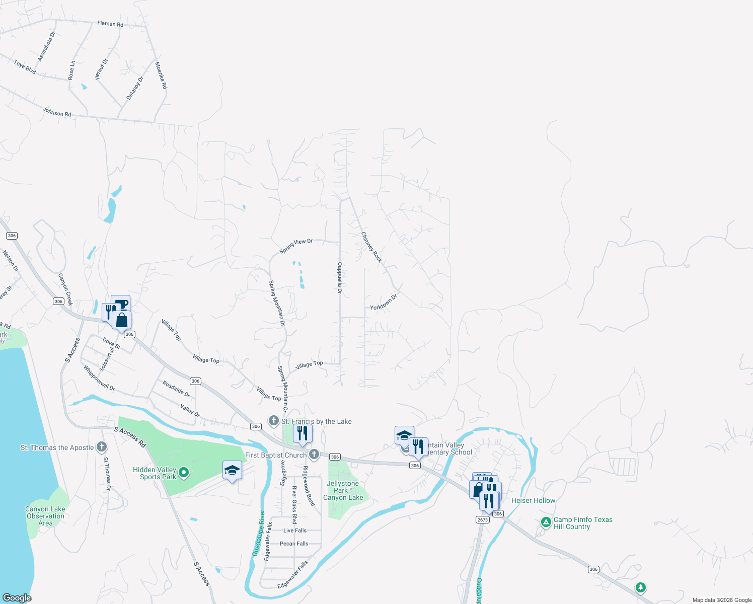map of restaurants, bars, coffee shops, grocery stores, and more near 367 Yorktown Drive in Canyon Lake