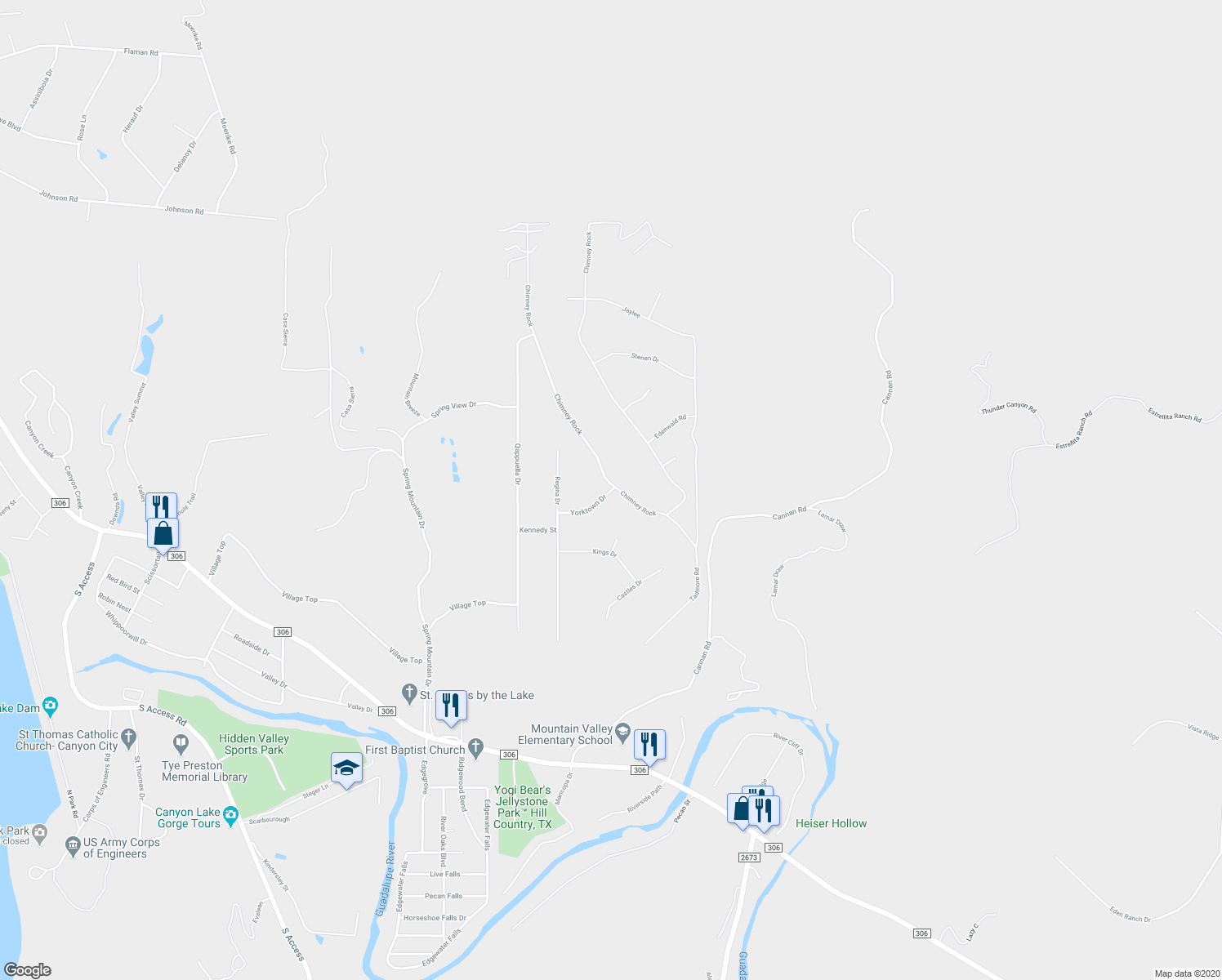 map of restaurants, bars, coffee shops, grocery stores, and more near 465 Yorktown Drive in Canyon Lake