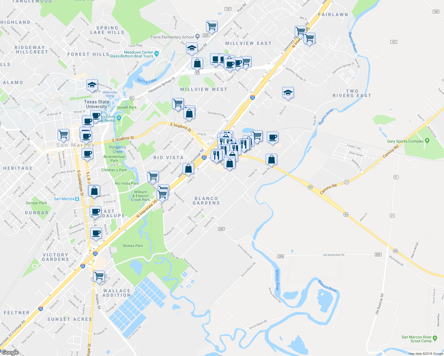 map of restaurants, bars, coffee shops, grocery stores, and more near 3334 Highline Drive in San Marcos