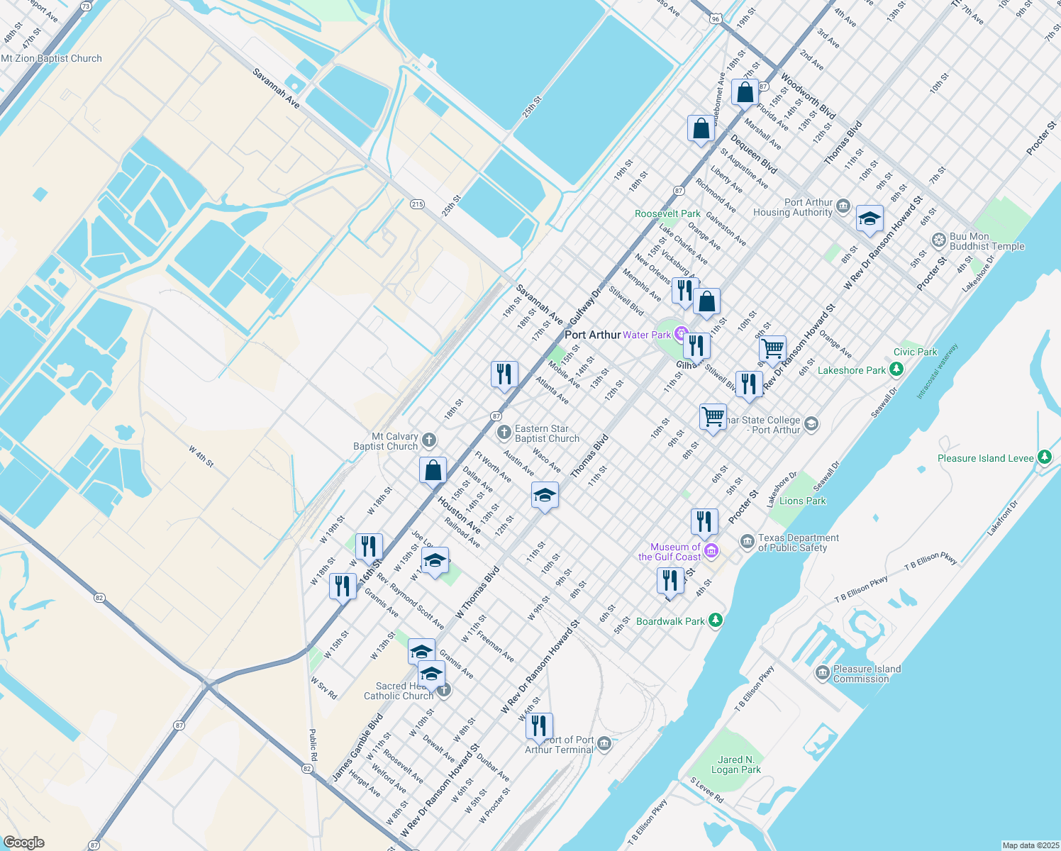 map of restaurants, bars, coffee shops, grocery stores, and more near 649 14th Street in Port Arthur