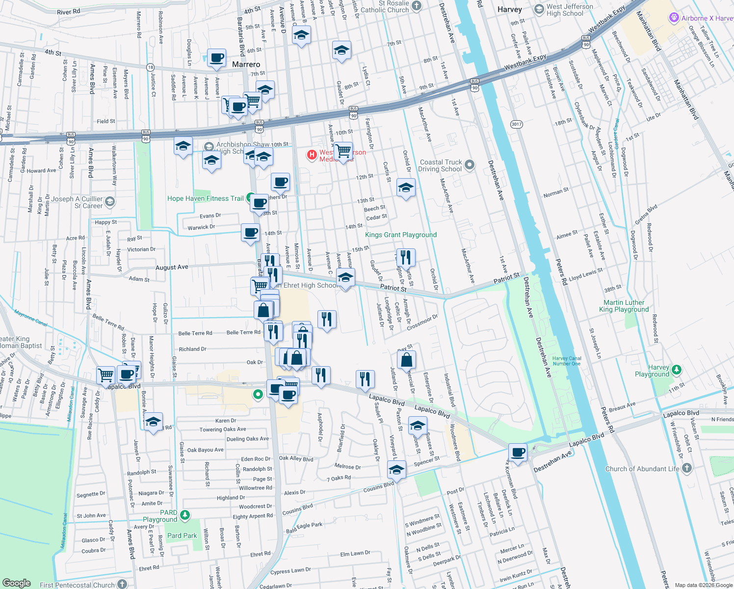 map of restaurants, bars, coffee shops, grocery stores, and more near 1612 Nottingham Dr in Harvey