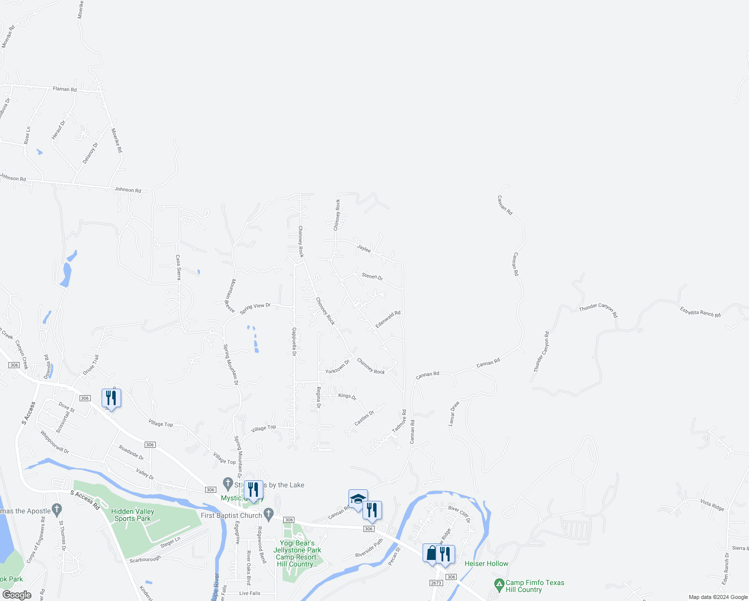 map of restaurants, bars, coffee shops, grocery stores, and more near 405 Duck Mountain Lane in Canyon Lake