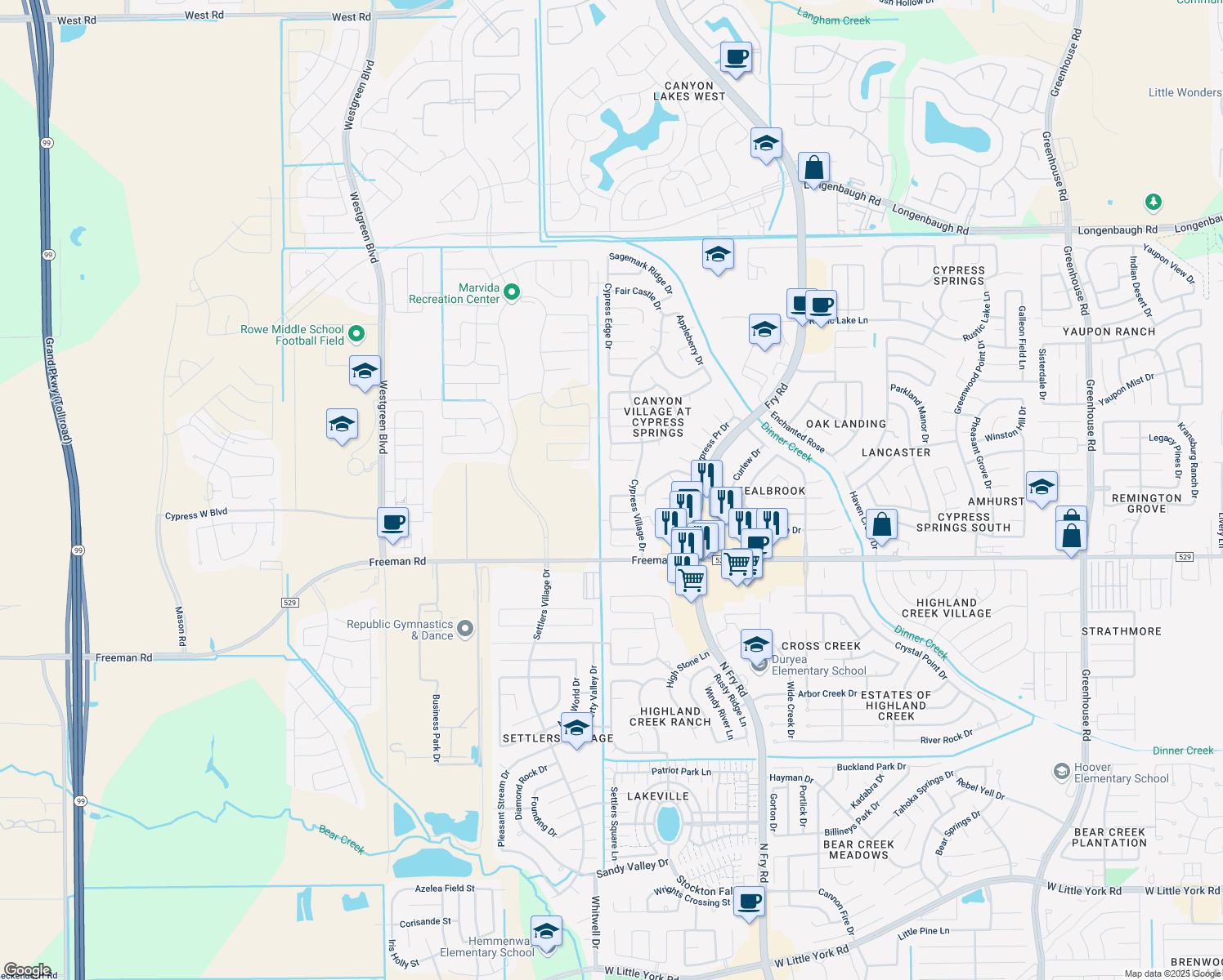 map of restaurants, bars, coffee shops, grocery stores, and more near 20722 Cypress Lilly Drive in Cypress