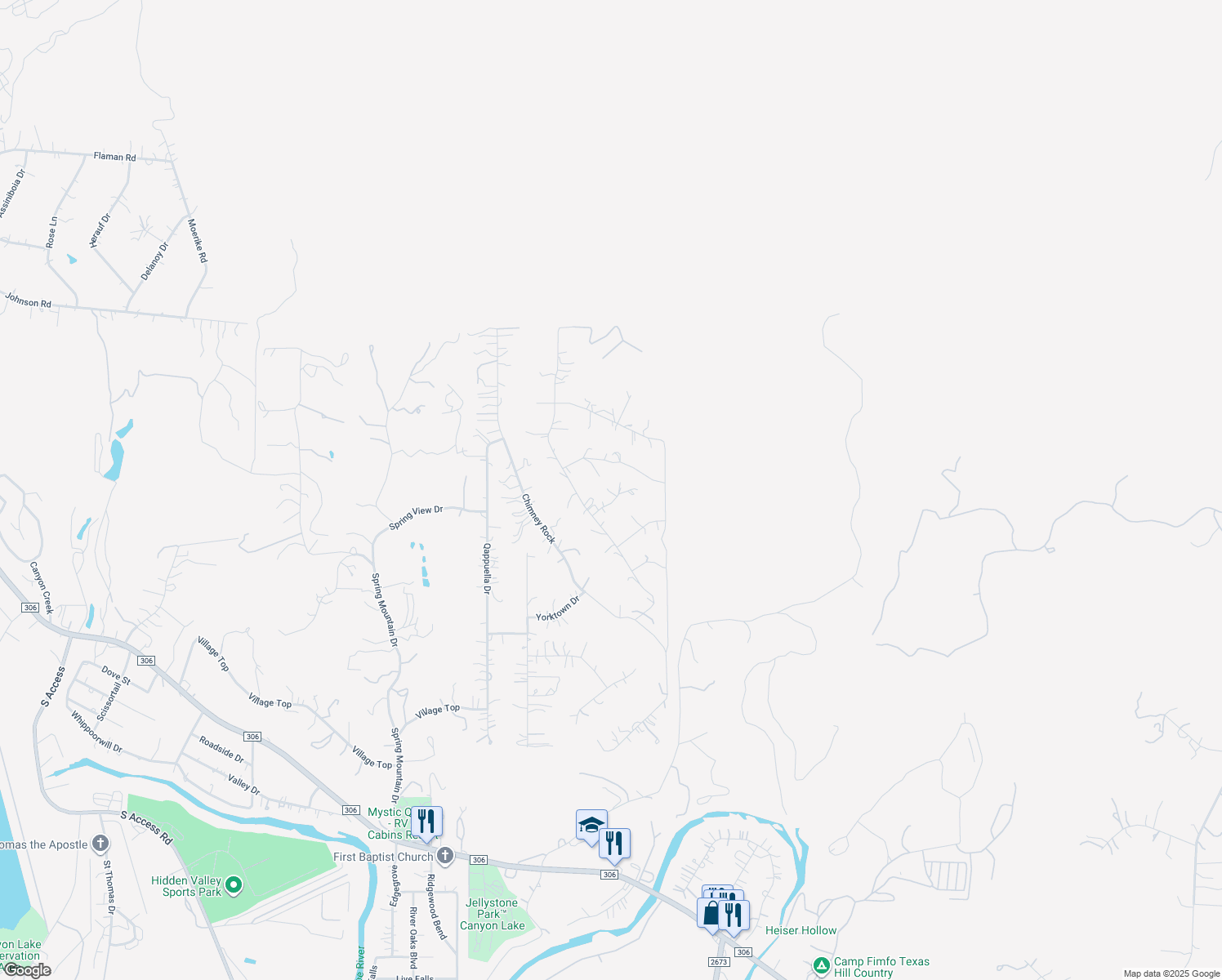 map of restaurants, bars, coffee shops, grocery stores, and more near 405 Duck Mountain Lane in Canyon Lake