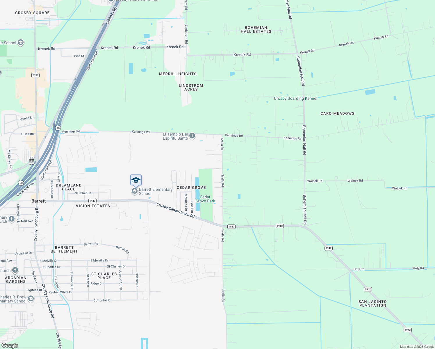 map of restaurants, bars, coffee shops, grocery stores, and more near 13611 Sralla Road in Crosby