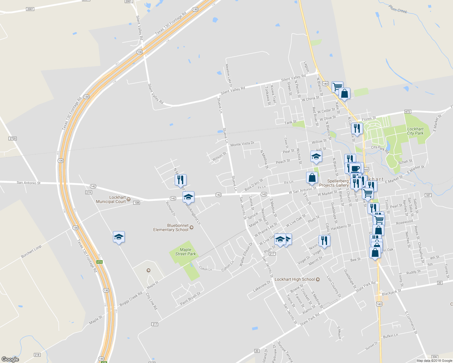 map of restaurants, bars, coffee shops, grocery stores, and more near 1308 Aspen Street in Lockhart