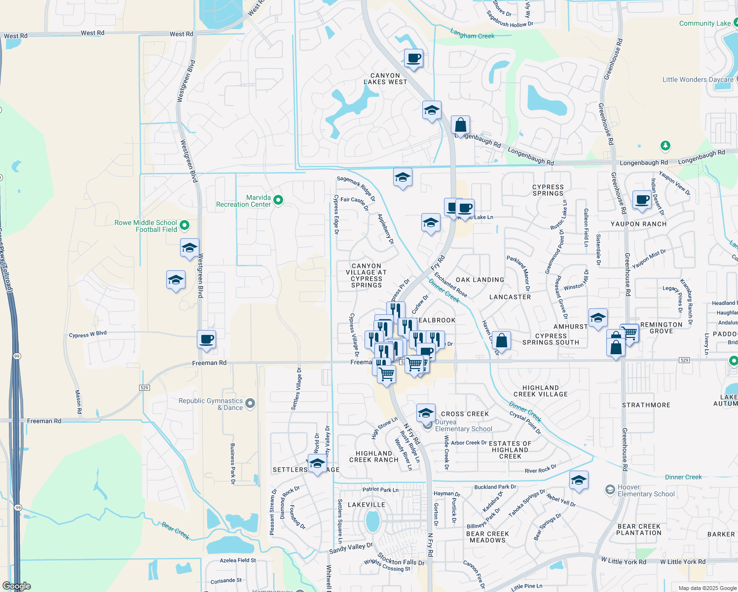 map of restaurants, bars, coffee shops, grocery stores, and more near 7303 Cypress Breeze in Cypress