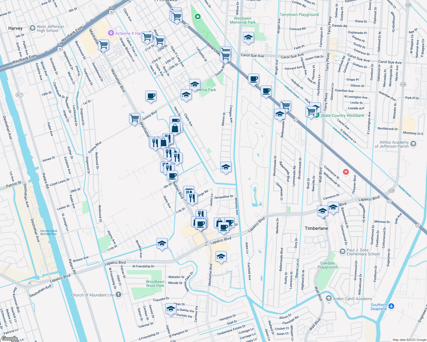map of restaurants, bars, coffee shops, grocery stores, and more near 3513 Hero Drive in Gretna