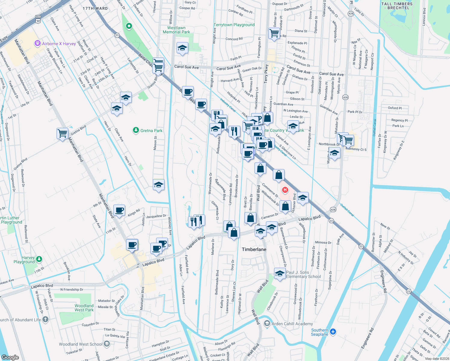 map of restaurants, bars, coffee shops, grocery stores, and more near 329 Briargrove Street in Gretna