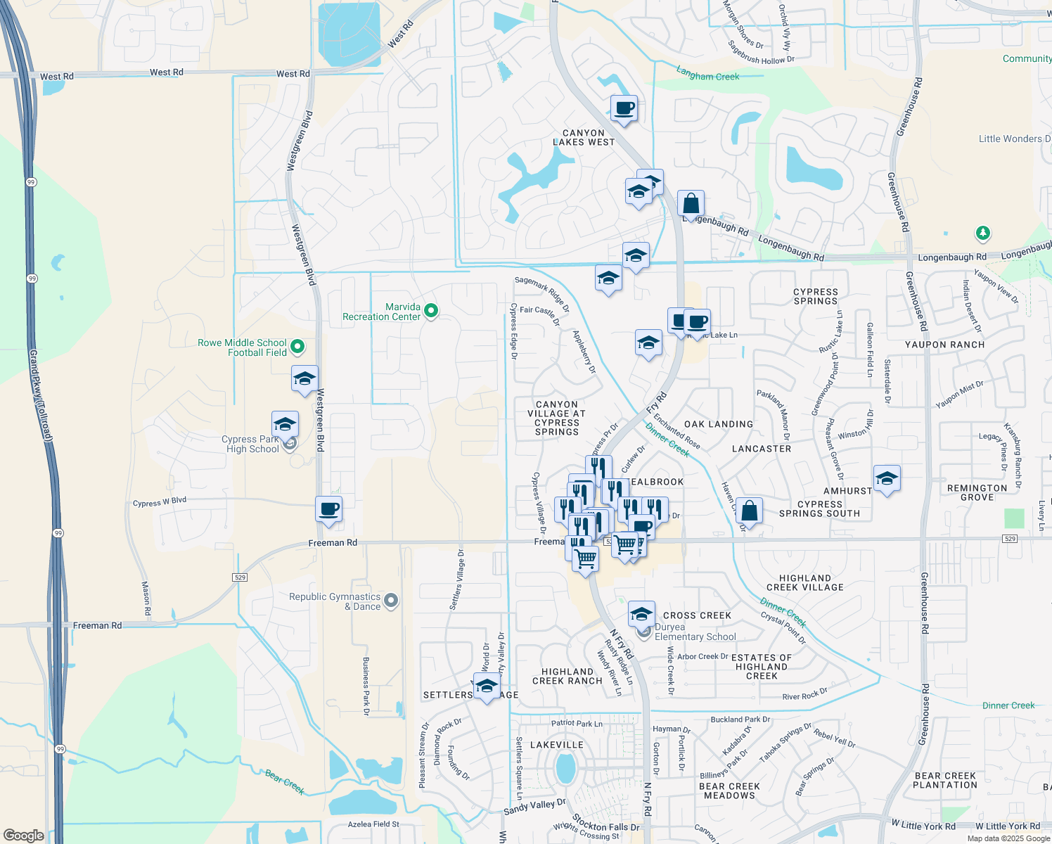 map of restaurants, bars, coffee shops, grocery stores, and more near 20718 Key Oak Lane in Cypress