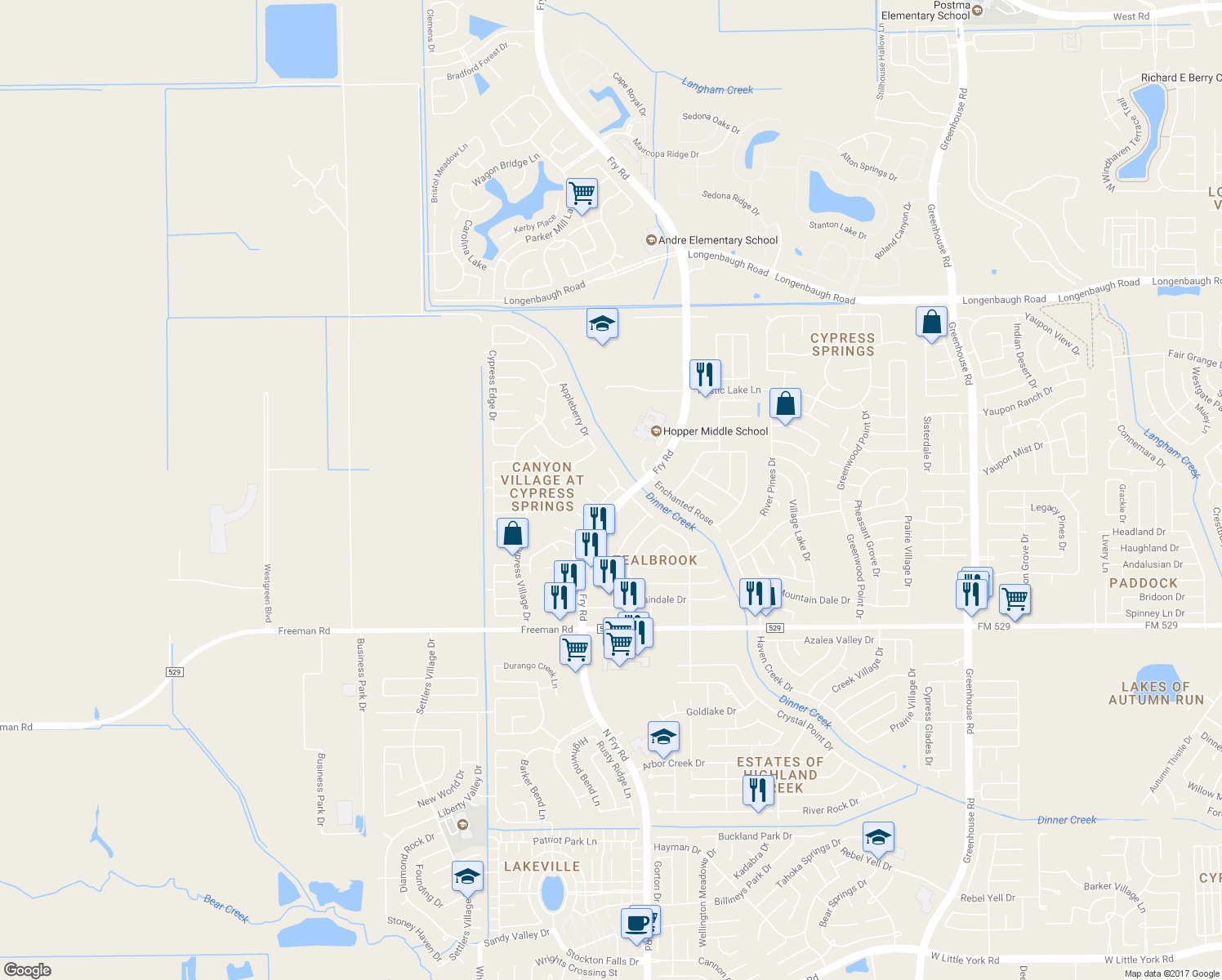 map of restaurants, bars, coffee shops, grocery stores, and more near 20502 Baden Hollow Lane in Cypress