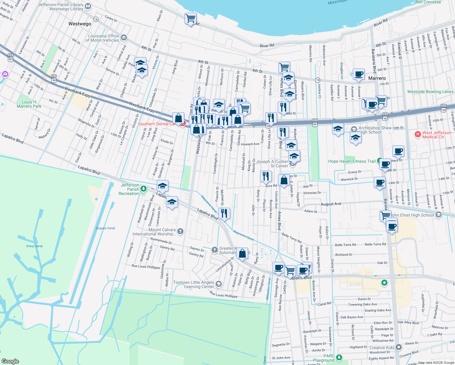 map of restaurants, bars, coffee shops, grocery stores, and more near 1165 Carmadelle Street in Marrero