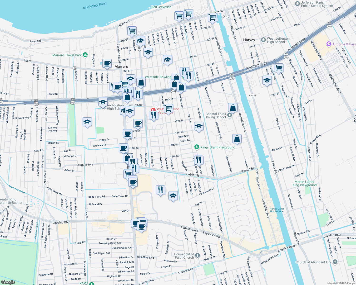 map of restaurants, bars, coffee shops, grocery stores, and more near 1340 Gaudet Drive in Marrero