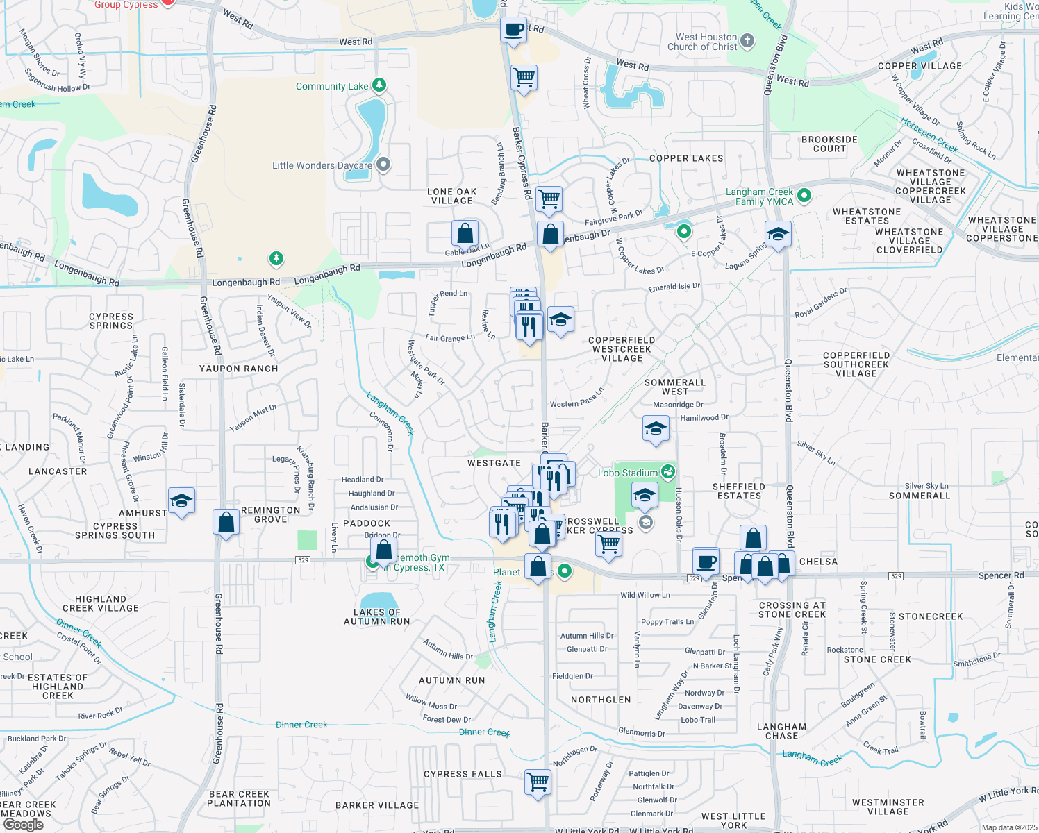 map of restaurants, bars, coffee shops, grocery stores, and more near 18023 Redbud Terrace Ln in Cypress