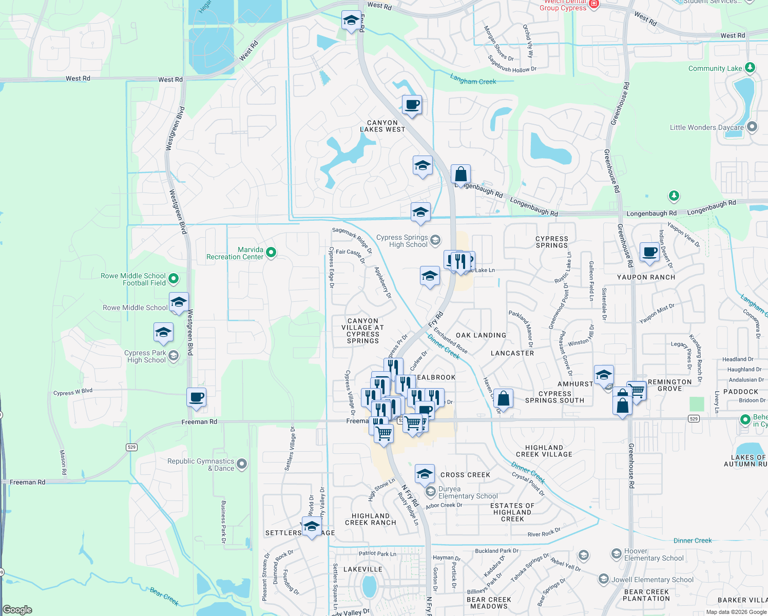 map of restaurants, bars, coffee shops, grocery stores, and more near 20523 Hillsdale Park Drive in Cypress