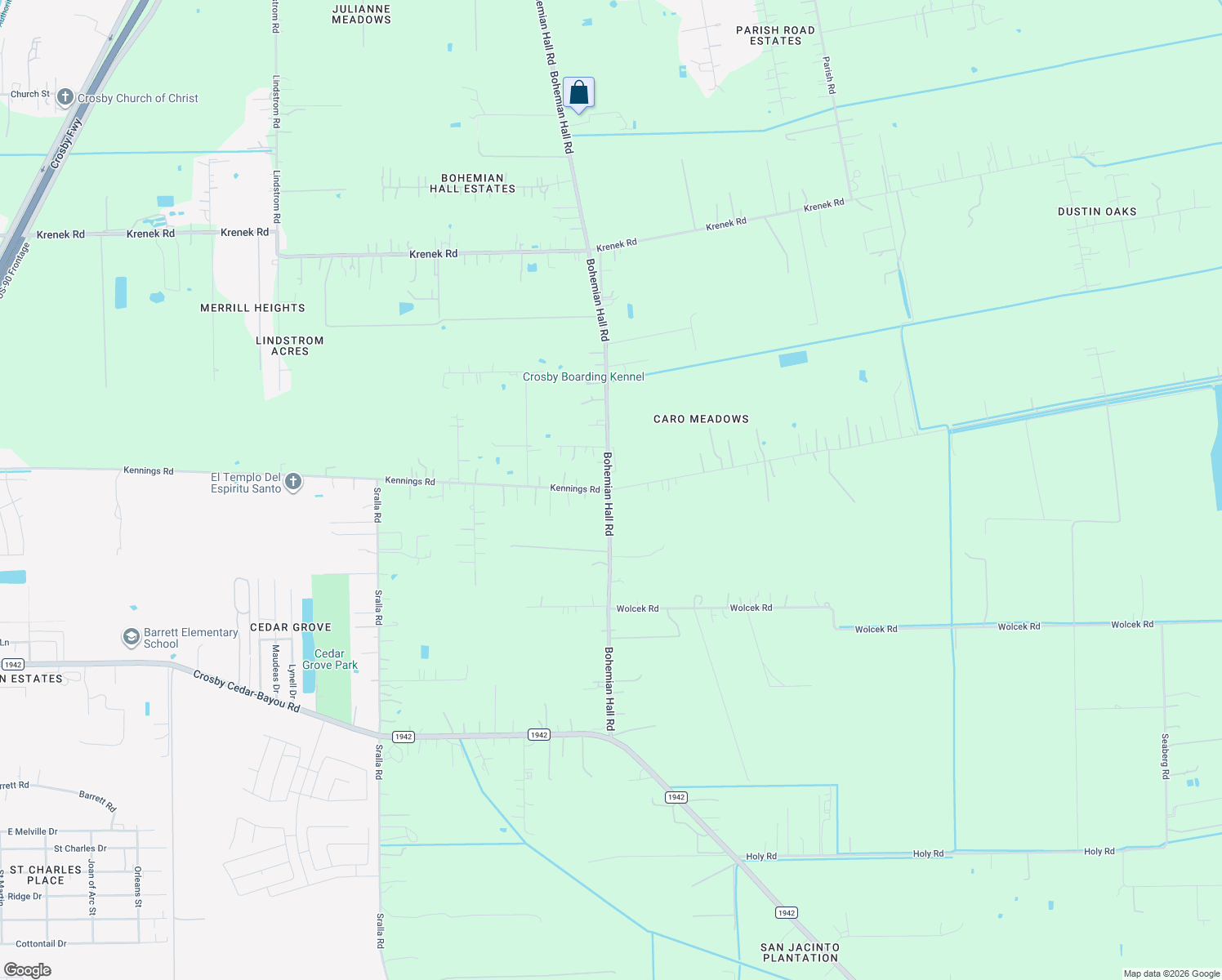 map of restaurants, bars, coffee shops, grocery stores, and more near 2903 Kennings Rd in Crosby