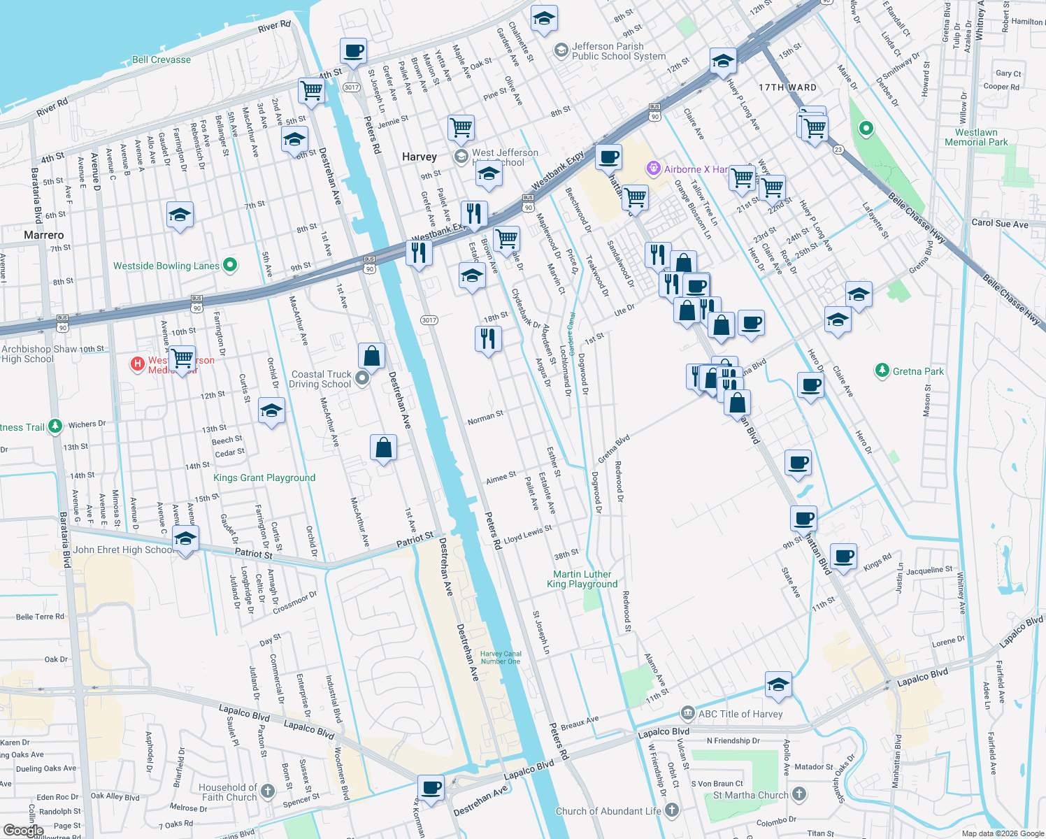 map of restaurants, bars, coffee shops, grocery stores, and more near 1540 Estalote Avenue in Harvey