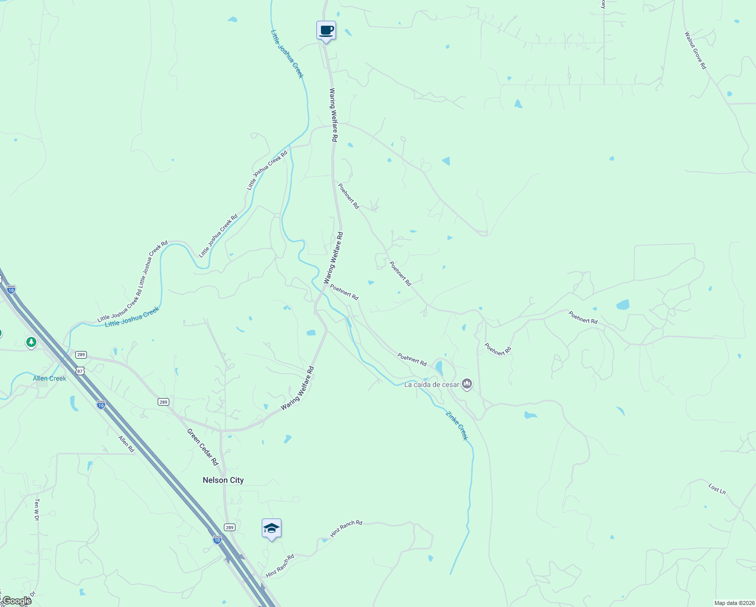map of restaurants, bars, coffee shops, grocery stores, and more near 38 Poehnert Road in Boerne