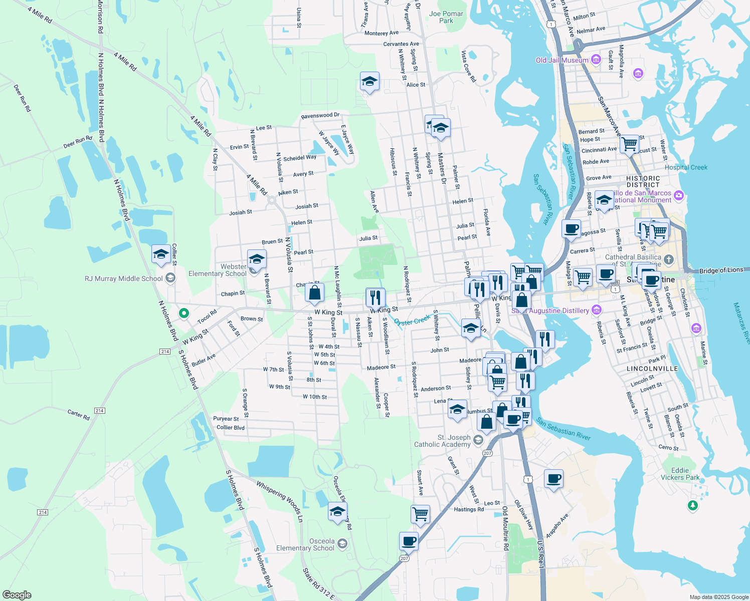 map of restaurants, bars, coffee shops, grocery stores, and more near 664 Cathedral Place in Saint Augustine