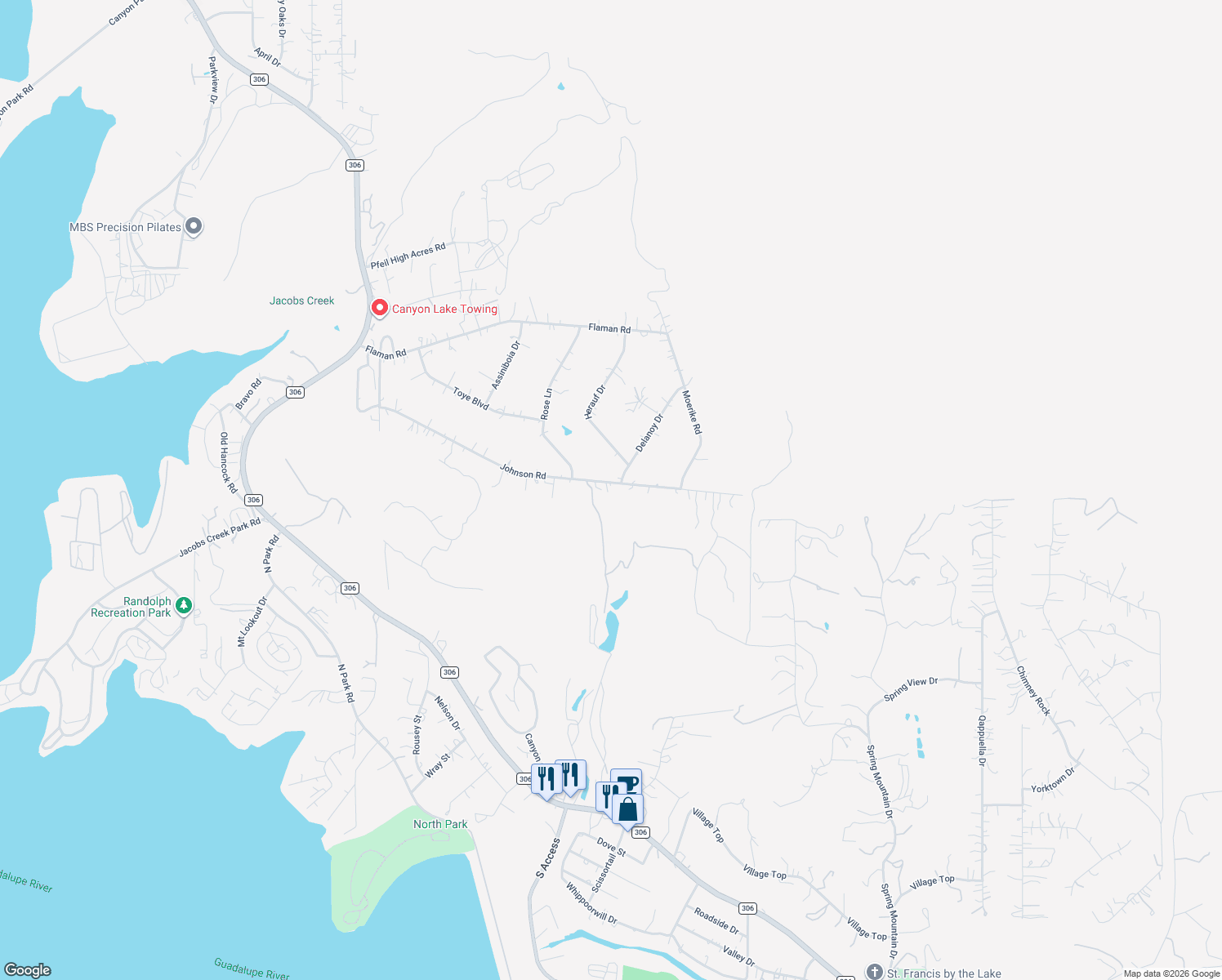 map of restaurants, bars, coffee shops, grocery stores, and more near 2014 Johnson Road in Canyon Lake