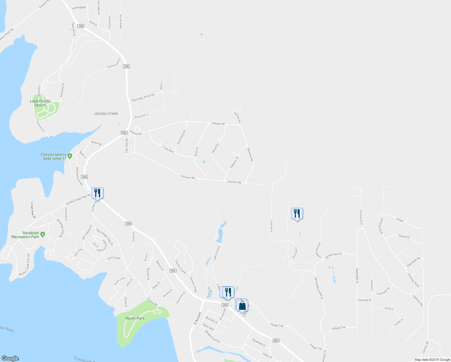 map of restaurants, bars, coffee shops, grocery stores, and more near 2014 Johnson Road in Canyon Lake