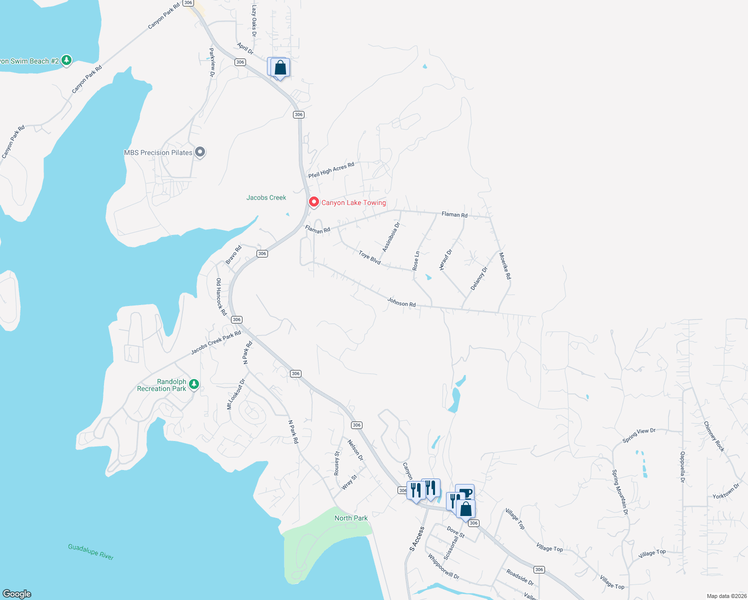 map of restaurants, bars, coffee shops, grocery stores, and more near 1392 Johnson Road in Canyon Lake