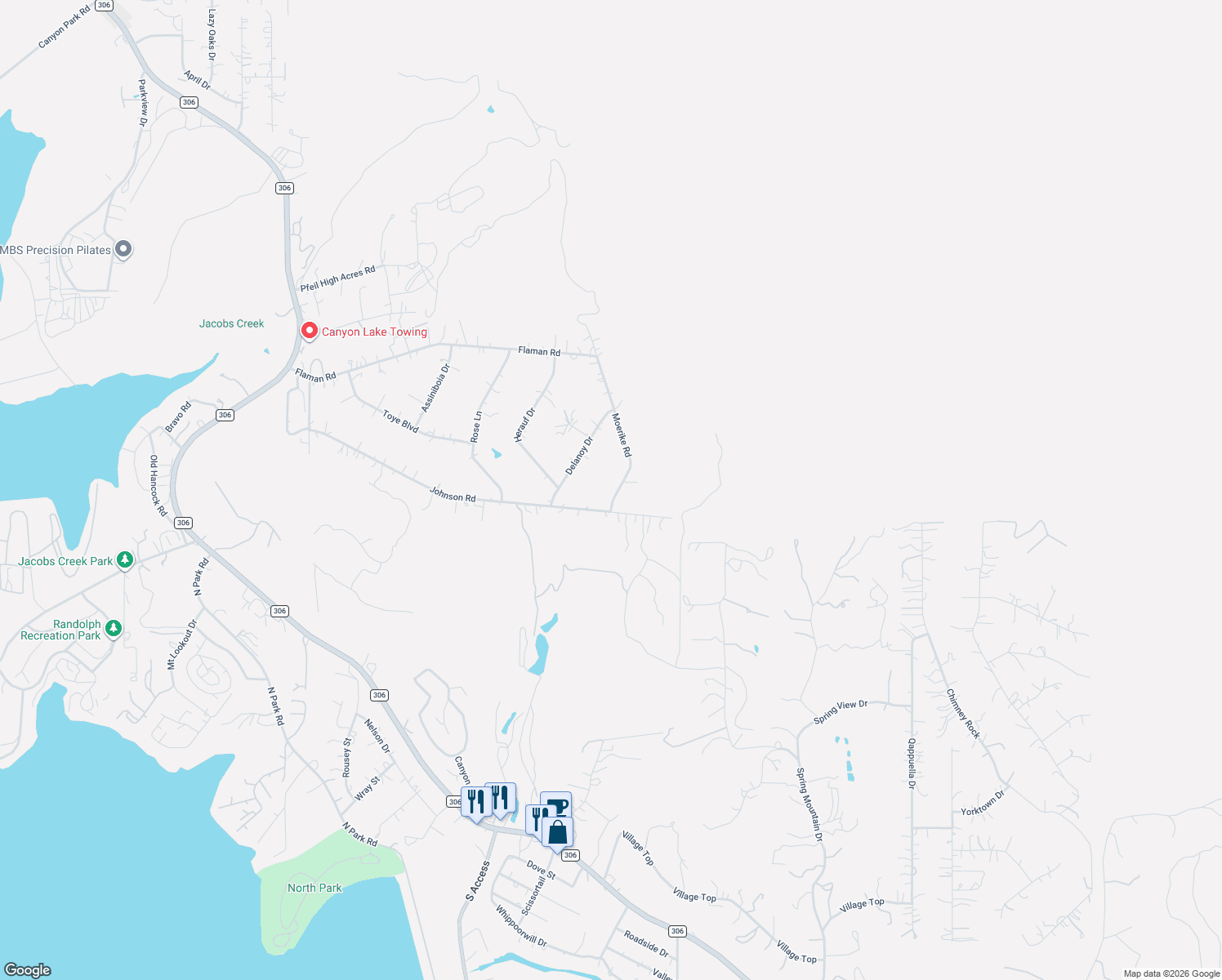 map of restaurants, bars, coffee shops, grocery stores, and more near 1600 Moerike Road in Canyon Lake