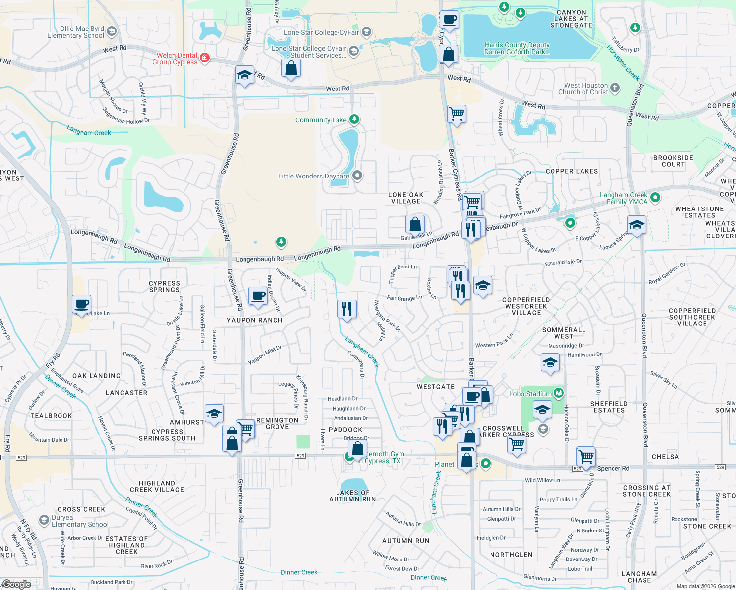 map of restaurants, bars, coffee shops, grocery stores, and more near 18423 Fair Grange Lane in Cypress