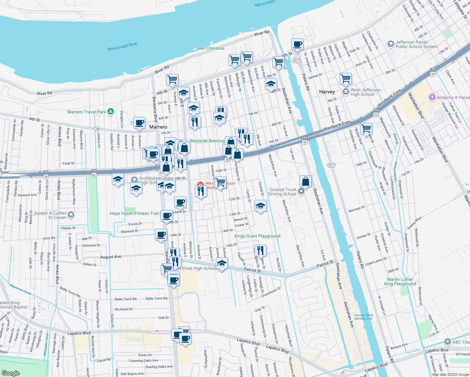 map of restaurants, bars, coffee shops, grocery stores, and more near 1124 Manson Drive in Marrero