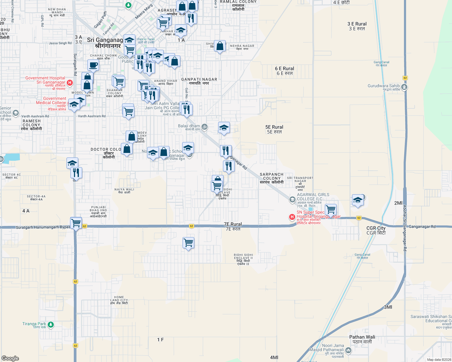 map of restaurants, bars, coffee shops, grocery stores, and more near in Sri Ganganagar