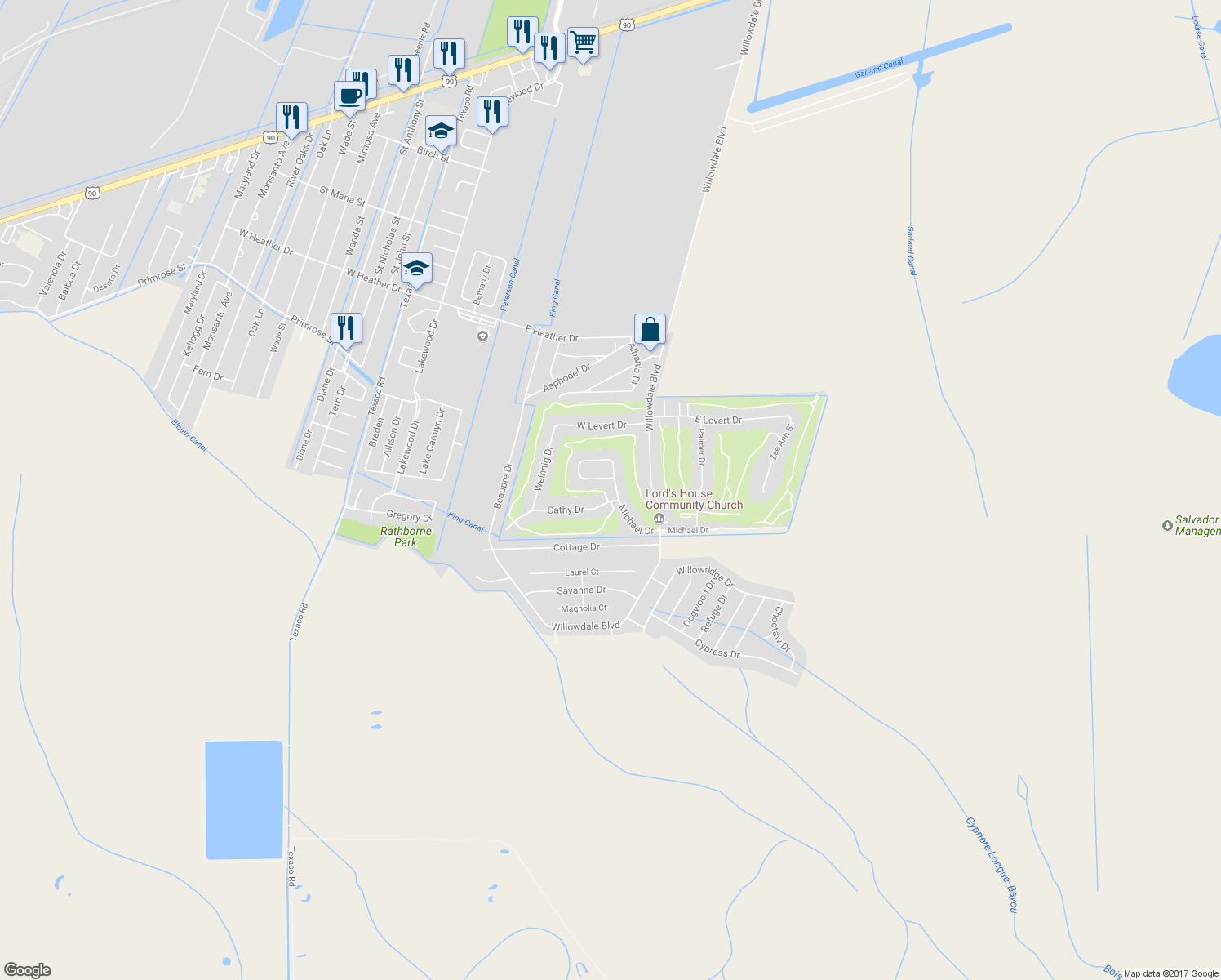 map of restaurants, bars, coffee shops, grocery stores, and more near 12 Michael Drive in Luling