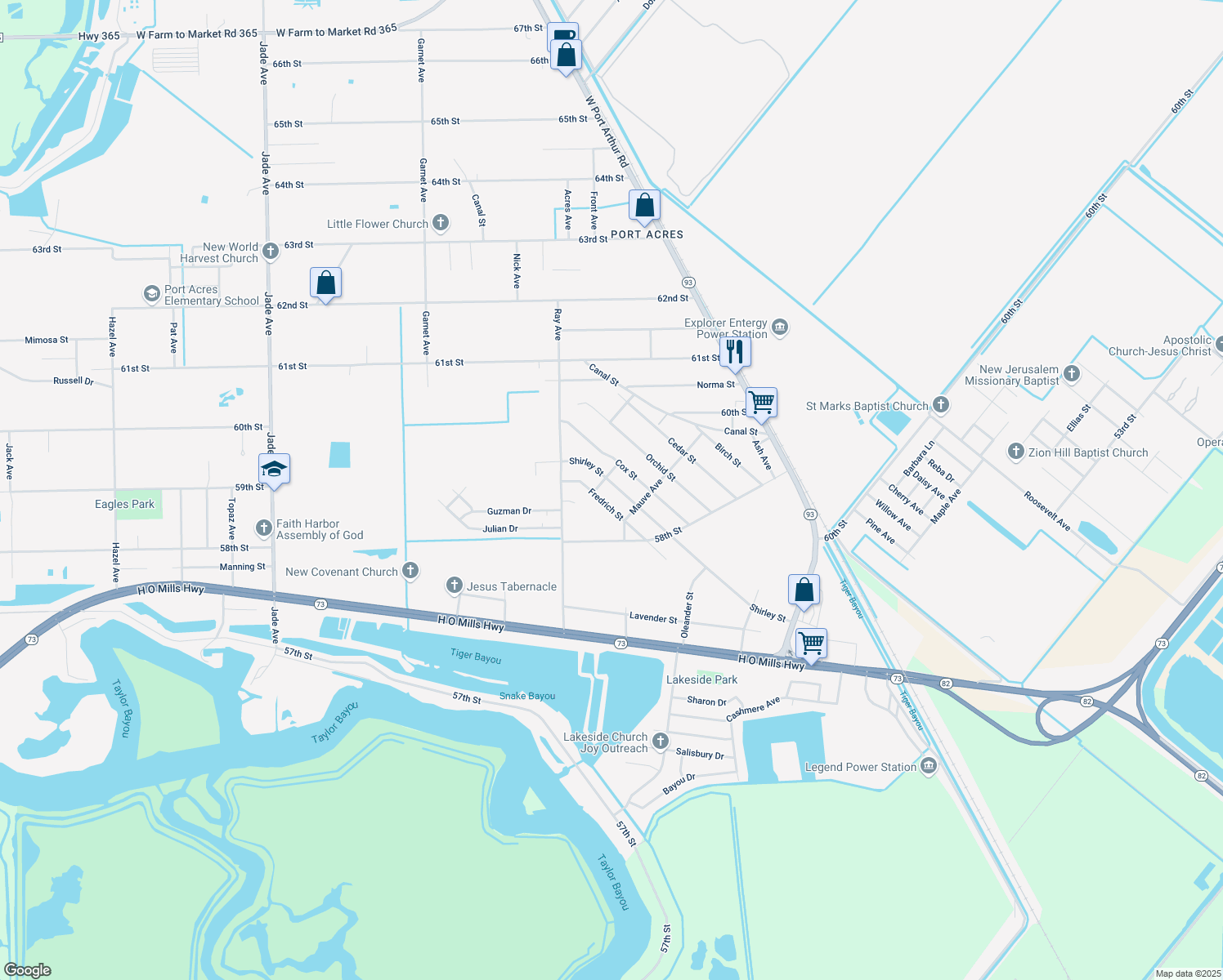 map of restaurants, bars, coffee shops, grocery stores, and more near 2270 Shirley Street in Port Arthur