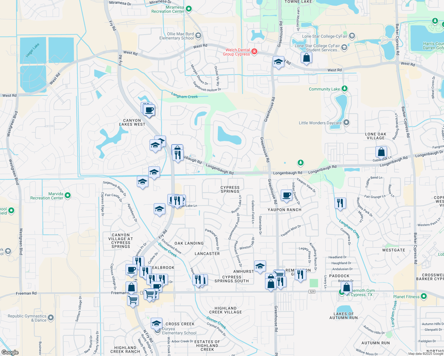map of restaurants, bars, coffee shops, grocery stores, and more near 7938 Chatham Springs Lane in Cypress