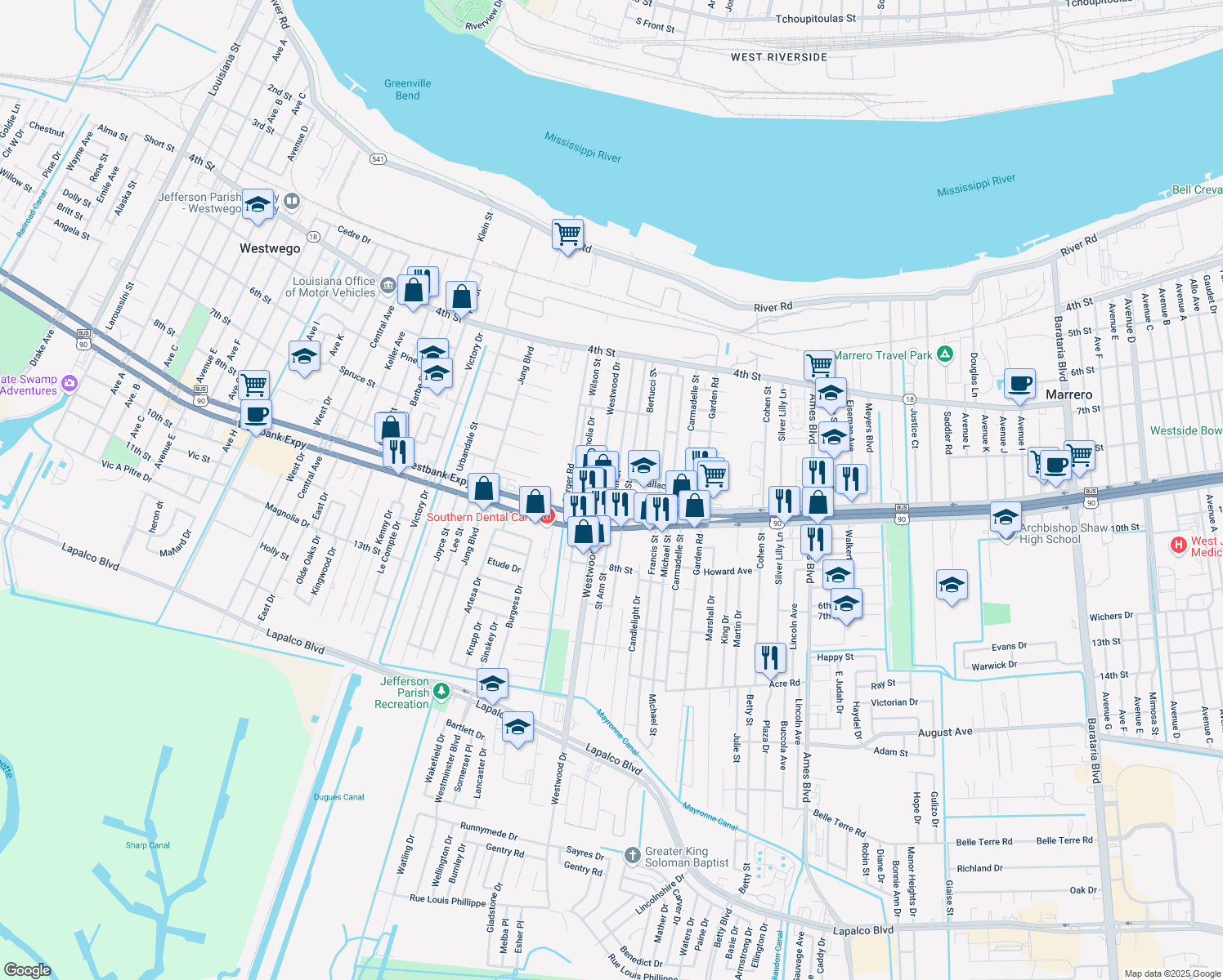 map of restaurants, bars, coffee shops, grocery stores, and more near 600 Saint Ann Street in Marrero