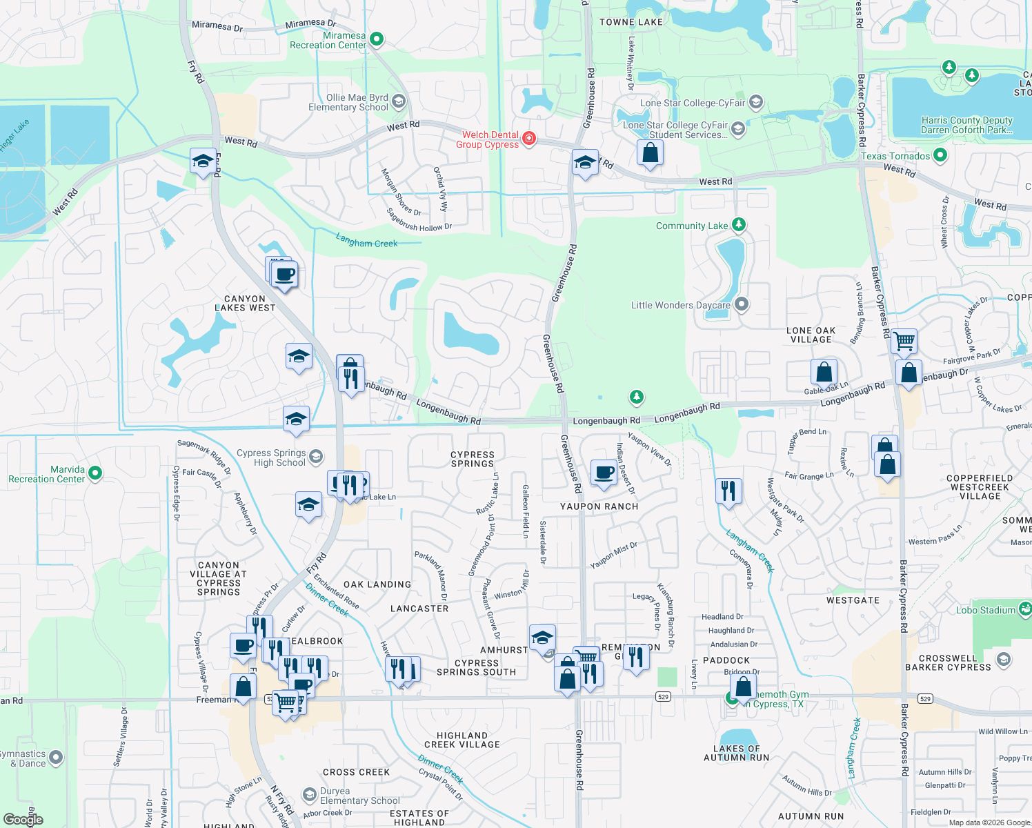 map of restaurants, bars, coffee shops, grocery stores, and more near 19711 Benbrook Manor Ln in Cypress