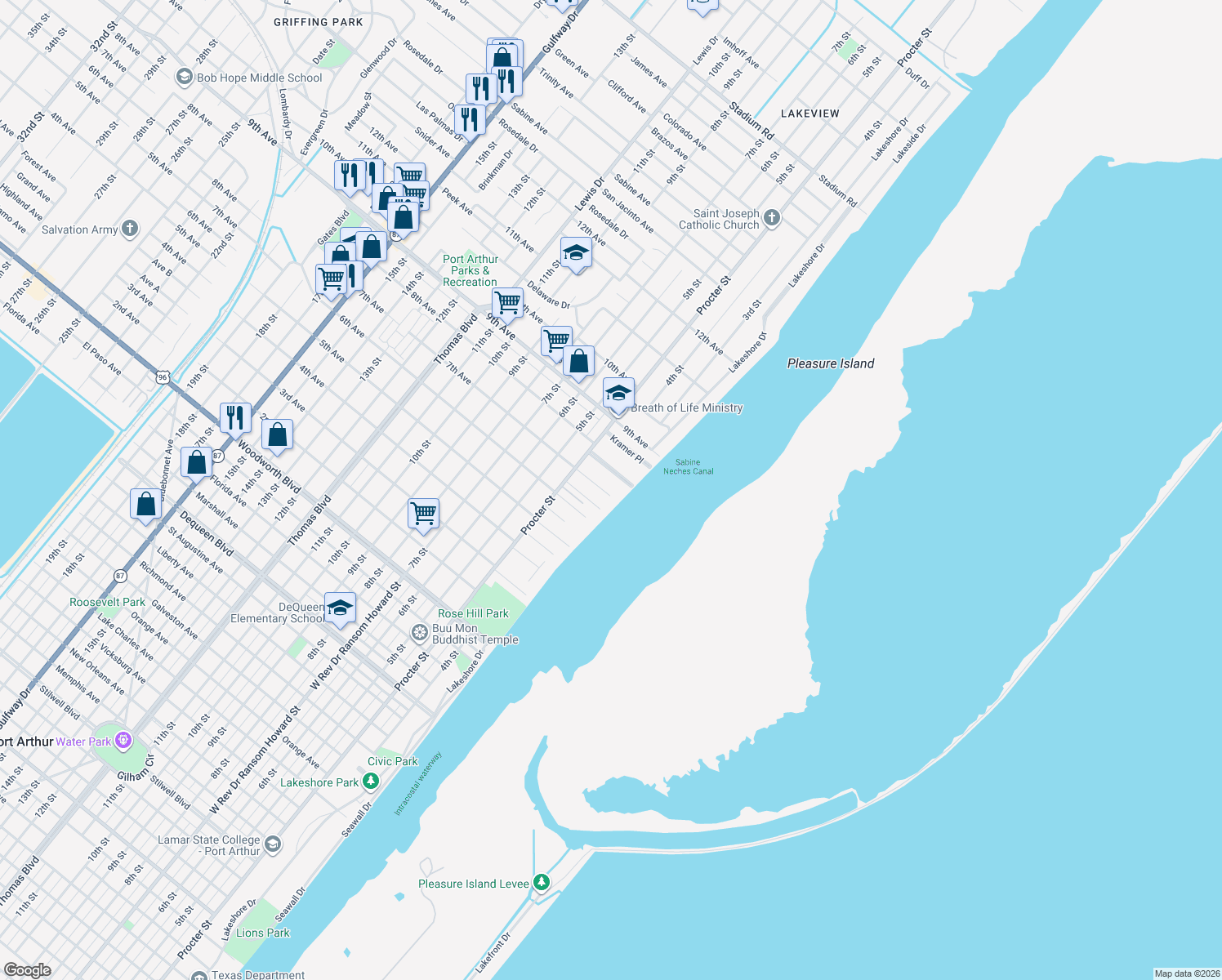 map of restaurants, bars, coffee shops, grocery stores, and more near 140 Avant Lane in Port Arthur