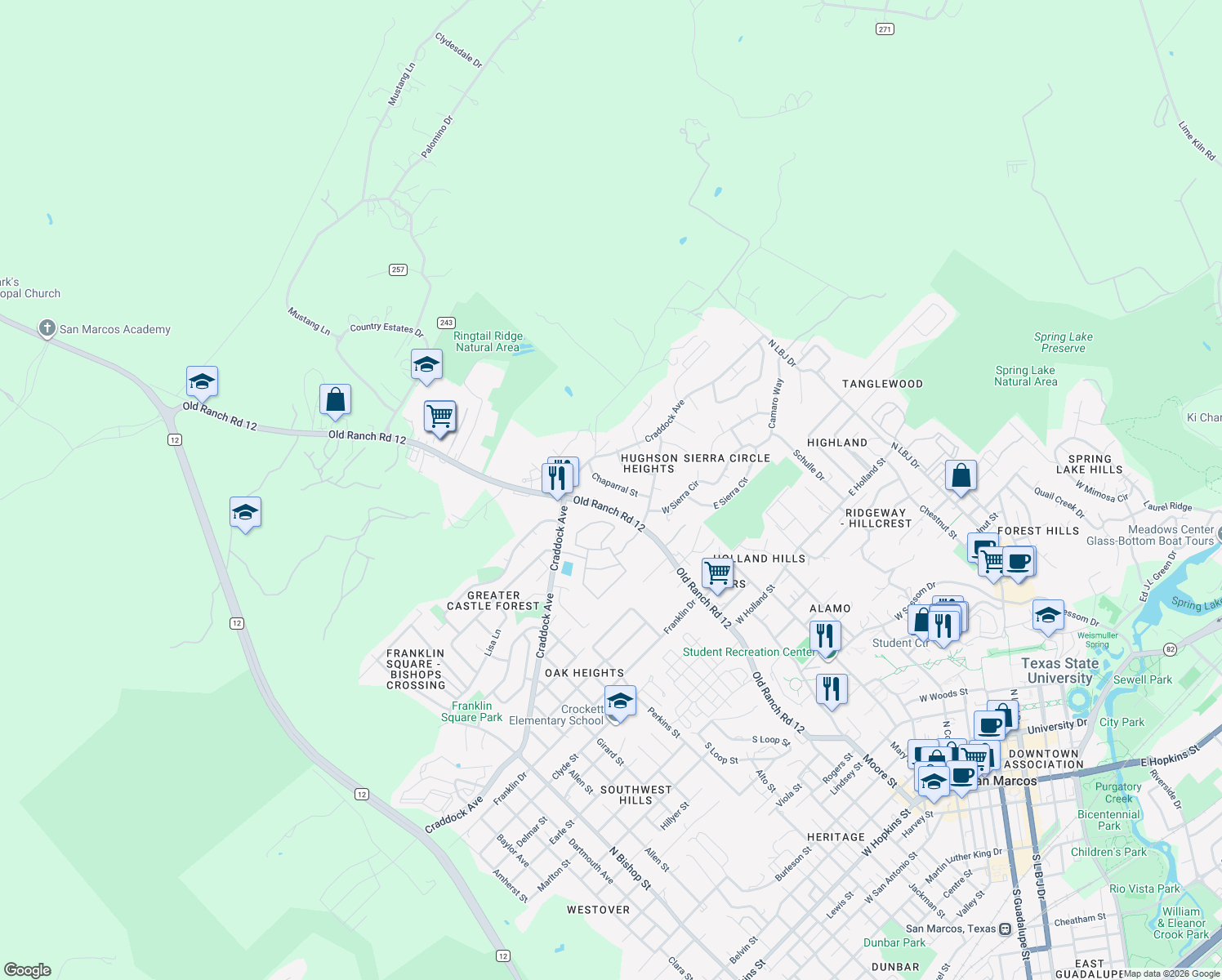 map of restaurants, bars, coffee shops, grocery stores, and more near 129 Chaparral Street in San Marcos