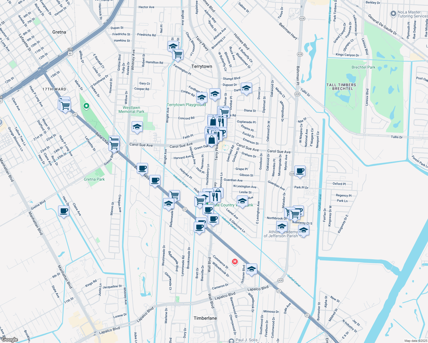 map of restaurants, bars, coffee shops, grocery stores, and more near 783 Terry Parkway in Terrytown