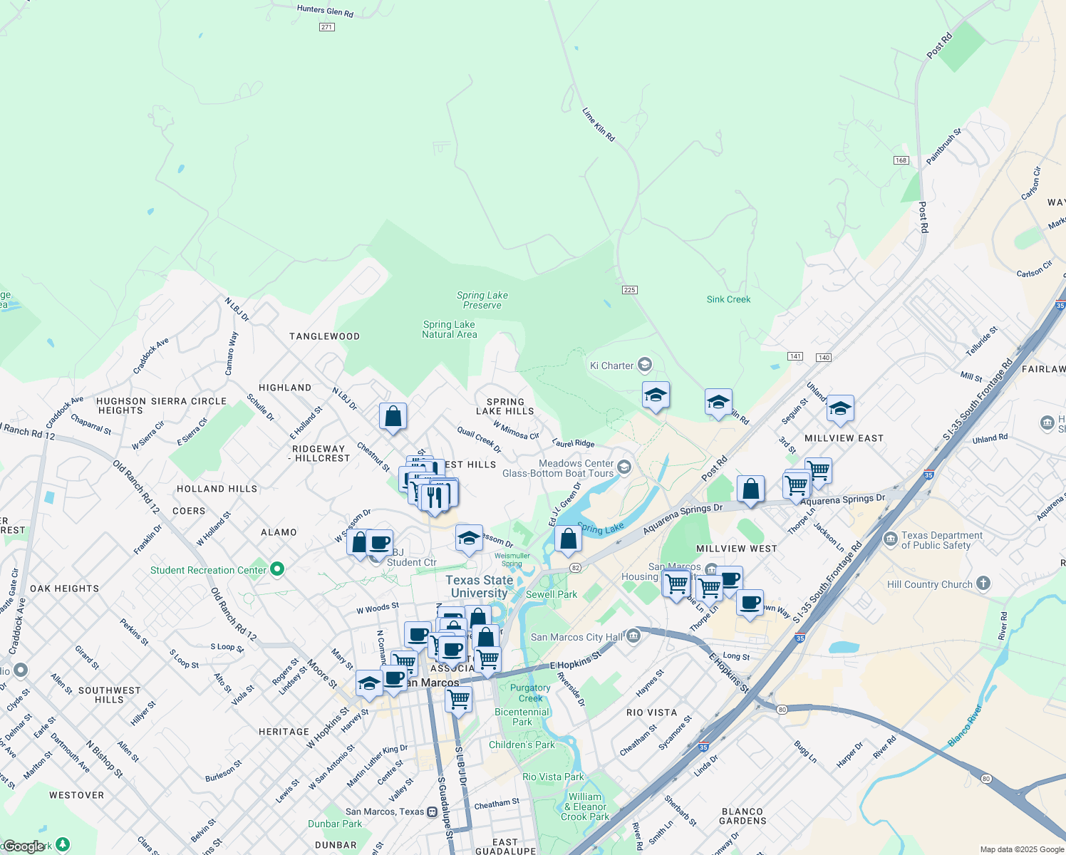map of restaurants, bars, coffee shops, grocery stores, and more near 100 East Mimosa Circle in San Marcos