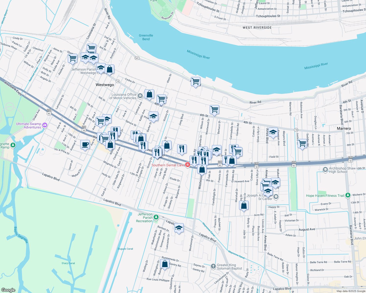 map of restaurants, bars, coffee shops, grocery stores, and more near 7409 Falcone Street in Marrero