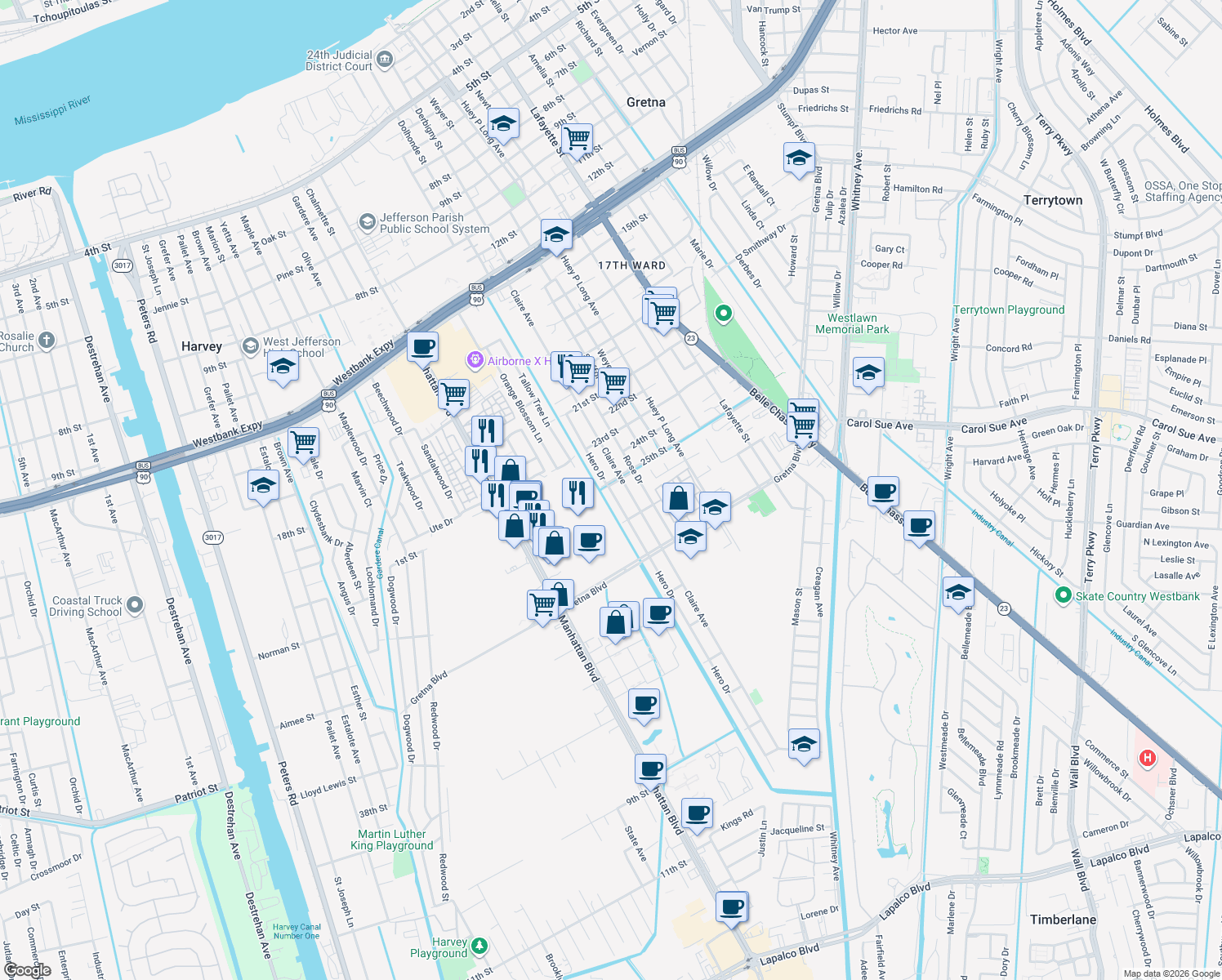 map of restaurants, bars, coffee shops, grocery stores, and more near 2521 Hero Drive in Gretna