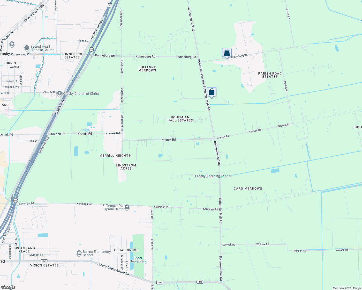 map of restaurants, bars, coffee shops, grocery stores, and more near 2112 Krenek Road in Crosby