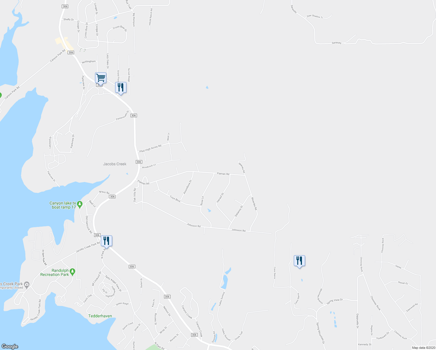 map of restaurants, bars, coffee shops, grocery stores, and more near 944 Flaman Road in Canyon Lake