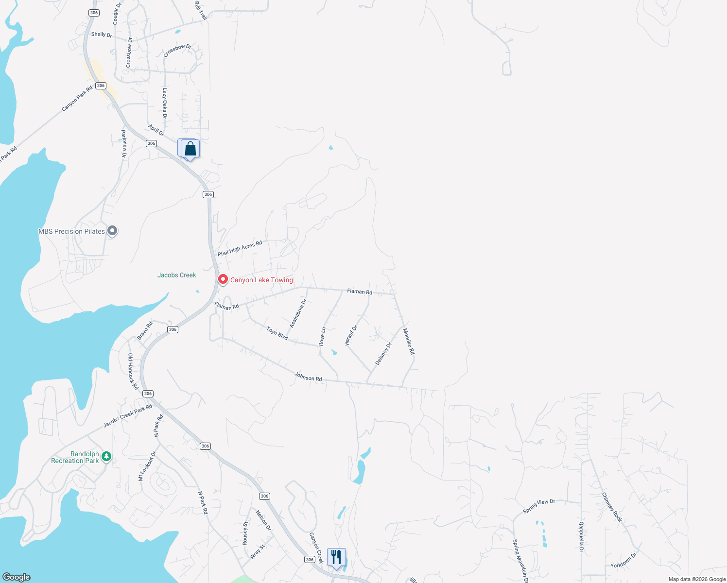 map of restaurants, bars, coffee shops, grocery stores, and more near 1057 Flaman Road in Canyon Lake
