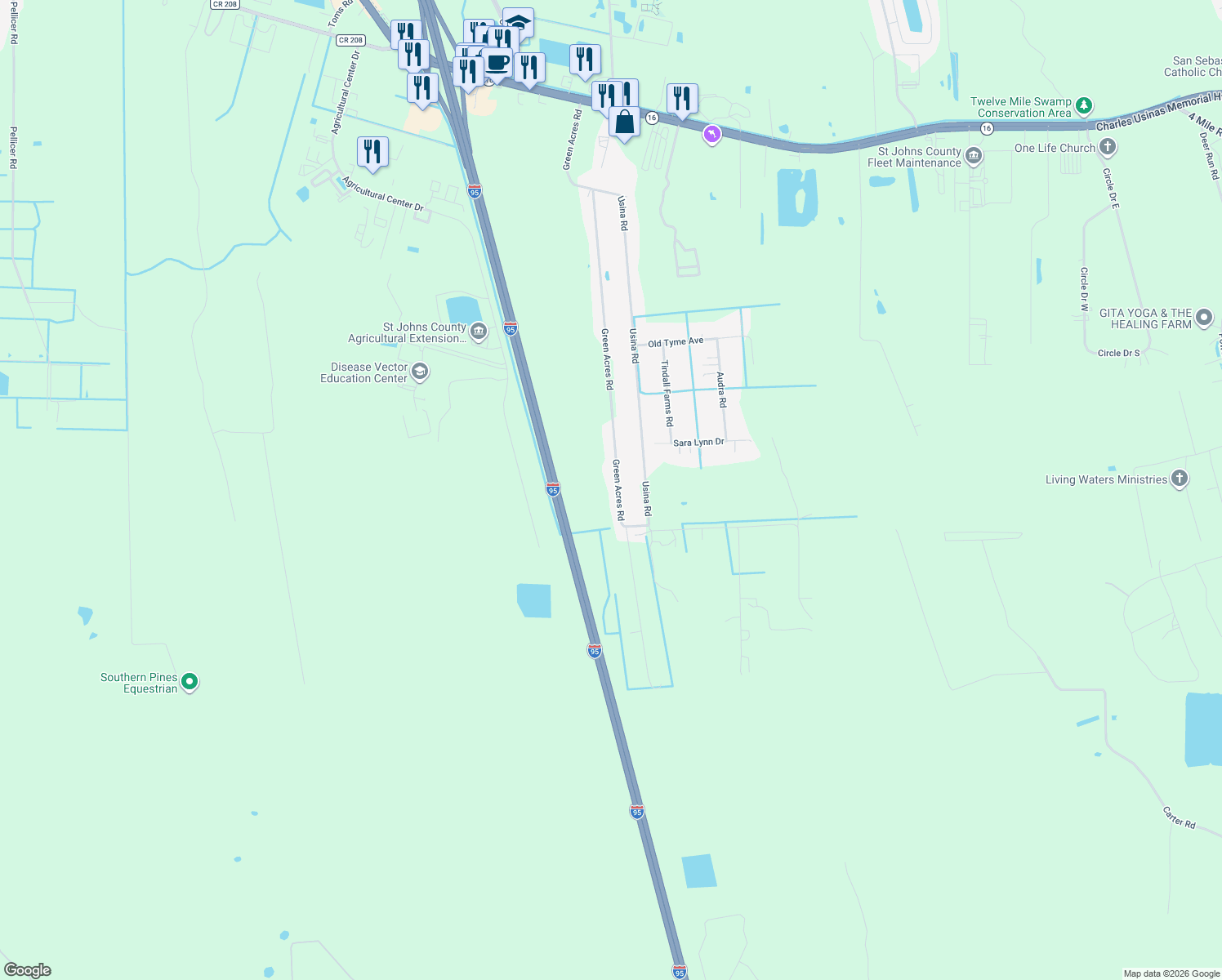 map of restaurants, bars, coffee shops, grocery stores, and more near 3041 Green Acres Road in St. Augustine