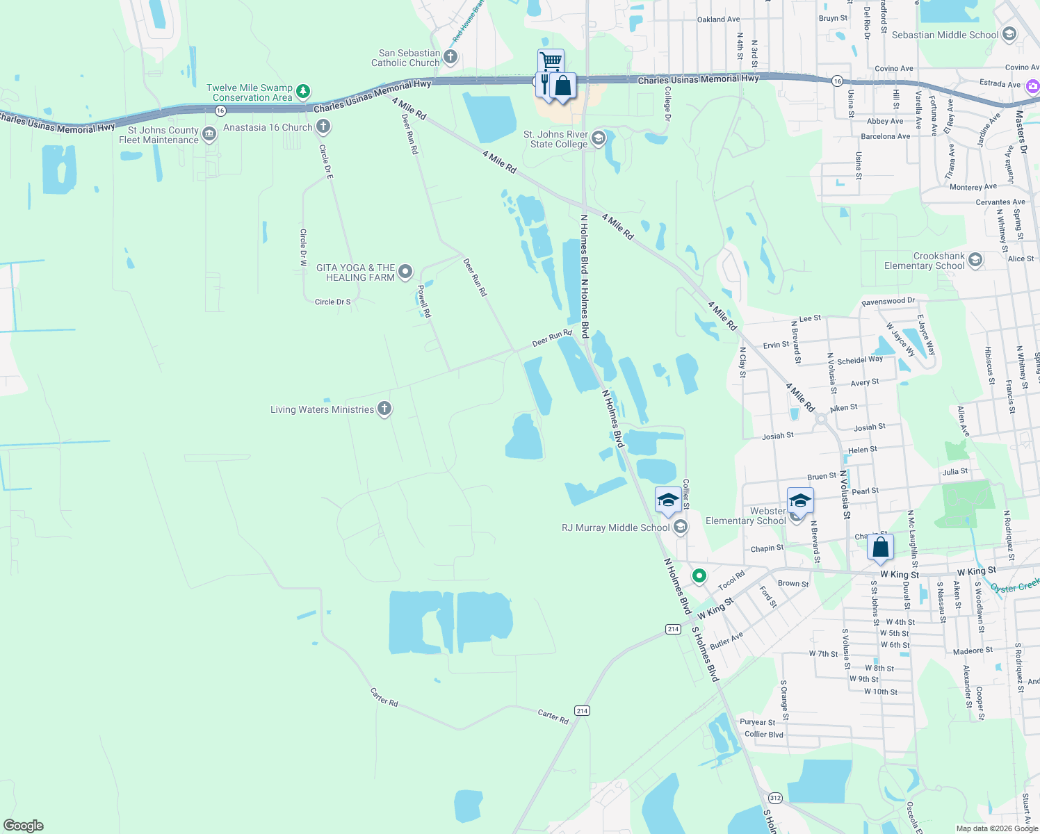 map of restaurants, bars, coffee shops, grocery stores, and more near 1205 Thompson Bailey Road in Saint Augustine